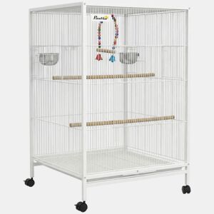PawHut Gaiola para Pássaros com Rodas Gaiola de Aço com Poleiros Baloiço Bandeja Removível e Tigelas de Aço Inoxidável Grande para Papagaios Canários Periquitos 48x46x78 cm Branco