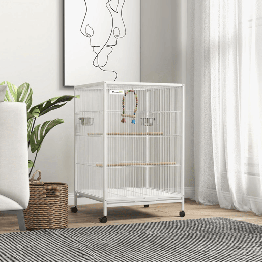 PawHut Gaiola para Pássaros com Rodas Gaiola de Aço com Poleiros Baloiço Bandeja Removível e Tigelas de Aço Inoxidável Grande para Papagaios Canários Periquitos 48x46x78 cm Branco