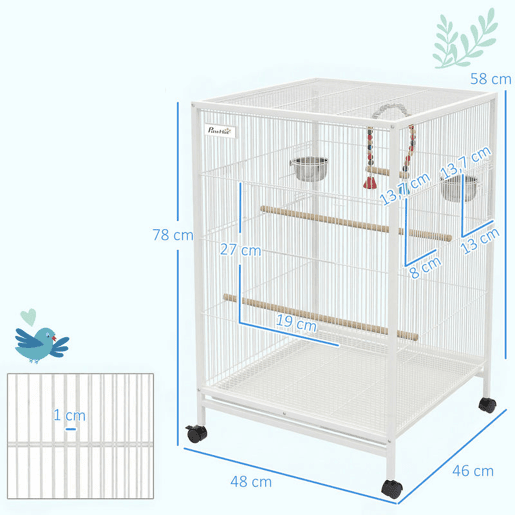 PawHut Gaiola para Pássaros com Rodas Gaiola de Aço com Poleiros Baloiço Bandeja Removível e Tigelas de Aço Inoxidável Grande para Papagaios Canários Periquitos 48x46x78 cm Branco
