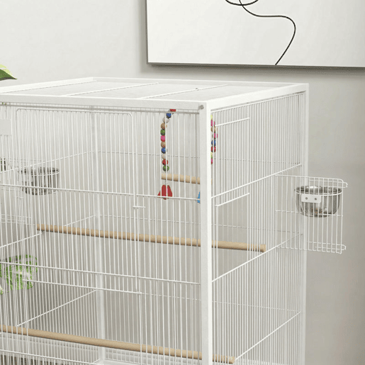 PawHut Gaiola para Pássaros com Rodas Gaiola de Aço com Poleiros Baloiço Bandeja Removível e Tigelas de Aço Inoxidável Grande para Papagaios Canários Periquitos 48x46x78 cm Branco