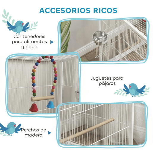 PawHut Gaiola para Pássaros com Rodas Gaiola de Aço com Poleiros Baloiço Bandeja Removível e Tigelas de Aço Inoxidável Grande para Papagaios Canários Periquitos 48x46x78 cm Branco