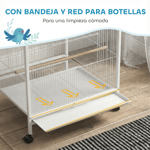 PawHut Gaiola para Pássaros com Rodas Gaiola de Aço com Poleiros Baloiço Bandeja Removível e Tigelas de Aço Inoxidável Grande para Papagaios Canários Periquitos 48x46x78 cm Branco