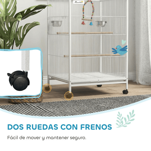 PawHut Gaiola para Pássaros com Rodas Gaiola de Aço com Poleiros Baloiço Bandeja Removível e Tigelas de Aço Inoxidável Grande para Papagaios Canários Periquitos 48x46x78 cm Branco