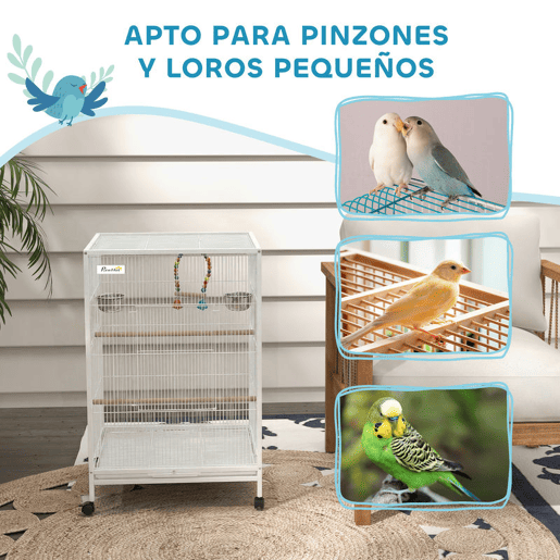 PawHut Gaiola para Pássaros com Rodas Gaiola de Aço com Poleiros Baloiço Bandeja Removível e Tigelas de Aço Inoxidável Grande para Papagaios Canários Periquitos 48x46x78 cm Branco