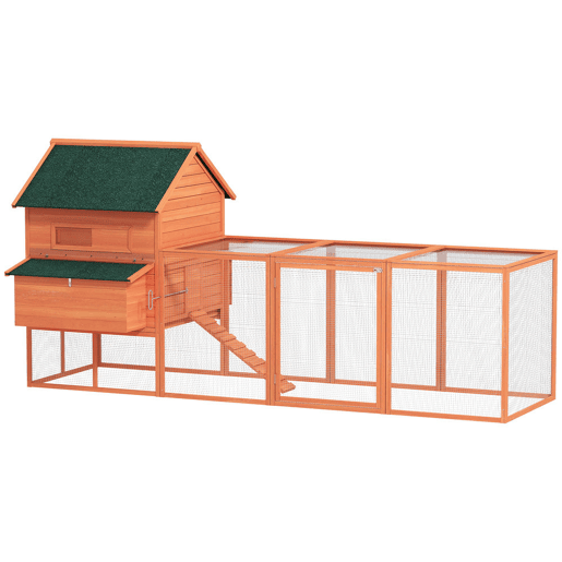 PawHut Galinheiro Grande de Madeira para Exterior, Abrigo para Galinhas com 2 Caixas-Ninho, Parque, Telhado Asfáltico, Tabuleiro Removível e Rampa, Casa Elevada para 4-6 Galinhas, Coelhos, 347x160x150 cm, Laranja