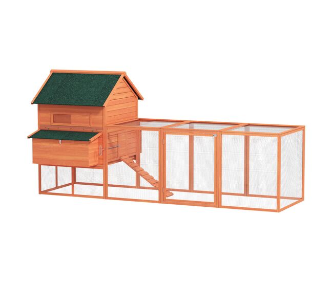 Pawhut gallinero de madera grande exterior, caseta para gallinas con 2 nidos, corral, techo asfáltico, bandeja extraíble y rampa, casa elevada para 4-6 gallinas, conejos, 347x160x150 cm, naranja