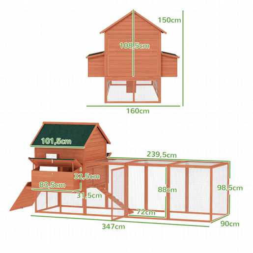 PawHut Galinheiro Grande de Madeira para Exterior, Abrigo para Galinhas com 2 Caixas-Ninho, Parque, Telhado Asfáltico, Tabuleiro Removível e Rampa, Casa Elevada para 4-6 Galinhas, Coelhos, 347x160x150 cm, Laranja