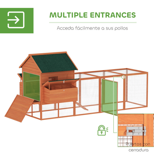 PawHut Galinheiro Grande de Madeira para Exterior, Abrigo para Galinhas com 2 Caixas-Ninho, Parque, Telhado Asfáltico, Tabuleiro Removível e Rampa, Casa Elevada para 4-6 Galinhas, Coelhos, 347x160x150 cm, Laranja