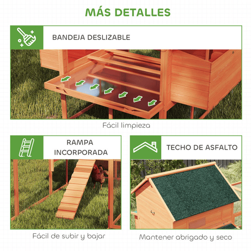 PawHut Galinheiro Grande de Madeira para Exterior, Abrigo para Galinhas com 2 Caixas-Ninho, Parque, Telhado Asfáltico, Tabuleiro Removível e Rampa, Casa Elevada para 4-6 Galinhas, Coelhos, 347x160x150 cm, Laranja
