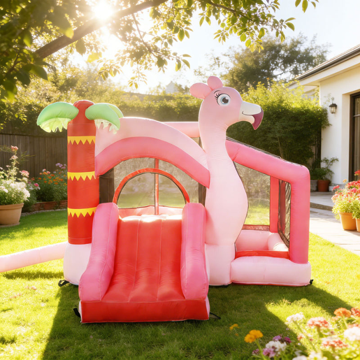 AIYAPLAY Castelo Insuflável para Crianças com Insuflador Escorrega Piscina de Bolas e Cesto de Basquetebol Design de Flamingo para Interior e Exterior 255x230x196 cm Rosa