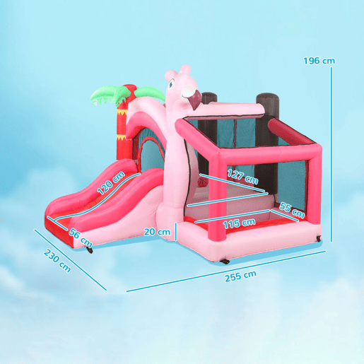 AIYAPLAY Castelo Insuflável para Crianças com Insuflador Escorrega Piscina de Bolas e Cesto de Basquetebol Design de Flamingo para Interior e Exterior 255x230x196 cm Rosa