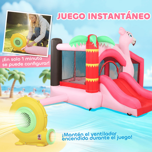 AIYAPLAY Castelo Insuflável para Crianças com Insuflador Escorrega Piscina de Bolas e Cesto de Basquetebol Design de Flamingo para Interior e Exterior 255x230x196 cm Rosa