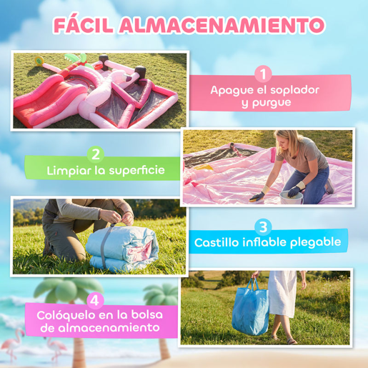AIYAPLAY Castelo Insuflável para Crianças com Insuflador Escorrega Piscina de Bolas e Cesto de Basquetebol Design de Flamingo para Interior e Exterior 255x230x196 cm Rosa