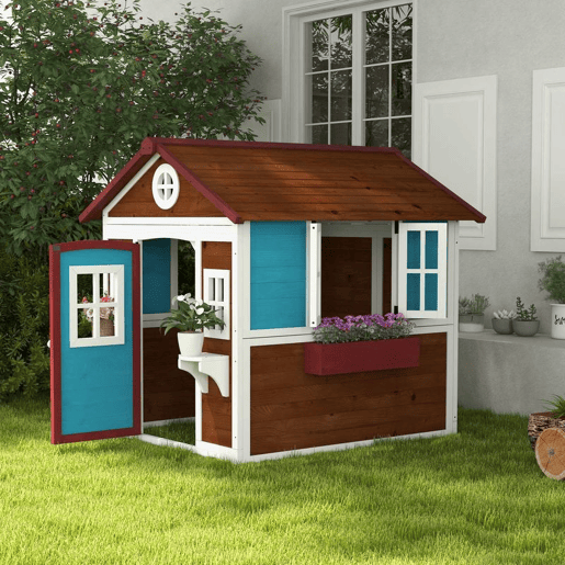 Outsunny Casinha Infantil de Madeira para Exterior e Interior, com Porta, Janelas, Floreiras e Suportes para Flores, Casa de Jardim para Crianças dos 3 aos 8 Anos, Castanho Escuro
