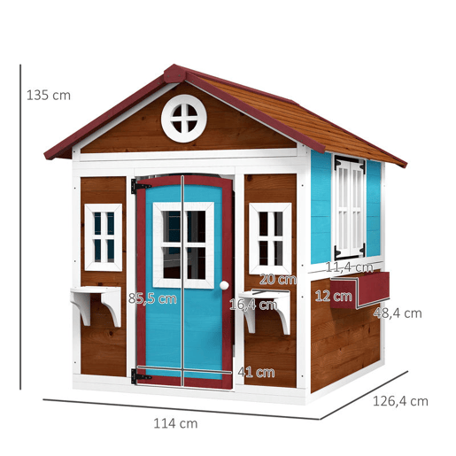 Outsunny Casinha Infantil de Madeira para Exterior e Interior, com Porta, Janelas, Floreiras e Suportes para Flores, Casa de Jardim para Crianças dos 3 aos 8 Anos, Castanho Escuro