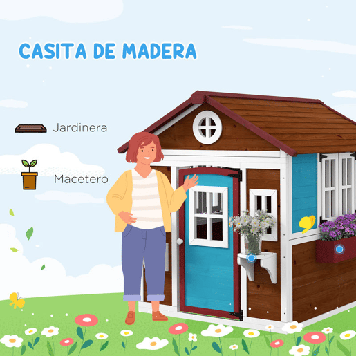 Outsunny Casinha Infantil de Madeira para Exterior e Interior, com Porta, Janelas, Floreiras e Suportes para Flores, Casa de Jardim para Crianças dos 3 aos 8 Anos, Castanho Escuro