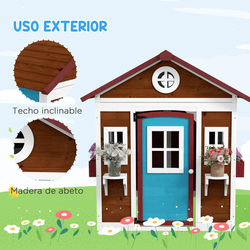 Outsunny Casinha Infantil de Madeira para Exterior e Interior, com Porta, Janelas, Floreiras e Suportes para Flores, Casa de Jardim para Crianças dos 3 aos 8 Anos, Castanho Escuro