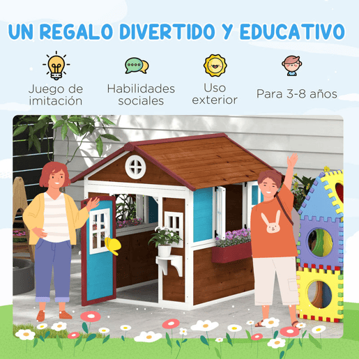 Outsunny Casinha Infantil de Madeira para Exterior e Interior, com Porta, Janelas, Floreiras e Suportes para Flores, Casa de Jardim para Crianças dos 3 aos 8 Anos, Castanho Escuro