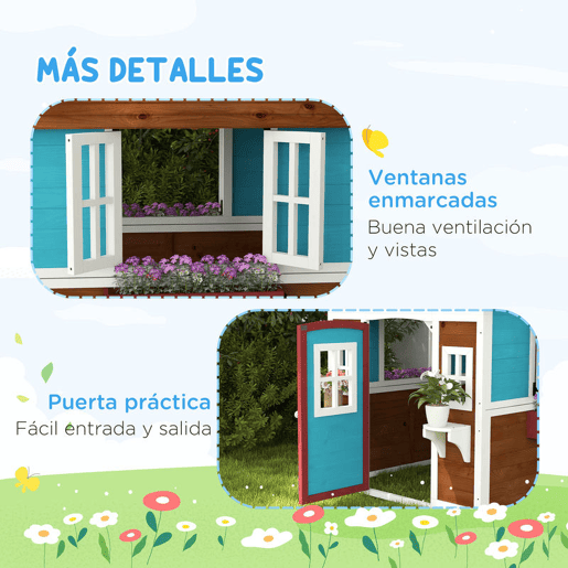Outsunny Casinha Infantil de Madeira para Exterior e Interior, com Porta, Janelas, Floreiras e Suportes para Flores, Casa de Jardim para Crianças dos 3 aos 8 Anos, Castanho Escuro