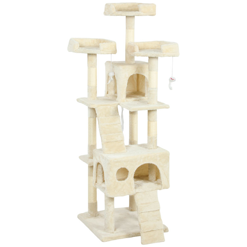 Pawhut árbol rascador para gatos, árbol para gatos 153 cm, torre escalador con 2 cuevas, 3 camas, 2 rampas, postes de sisal, 2 ratones colgantes, crema