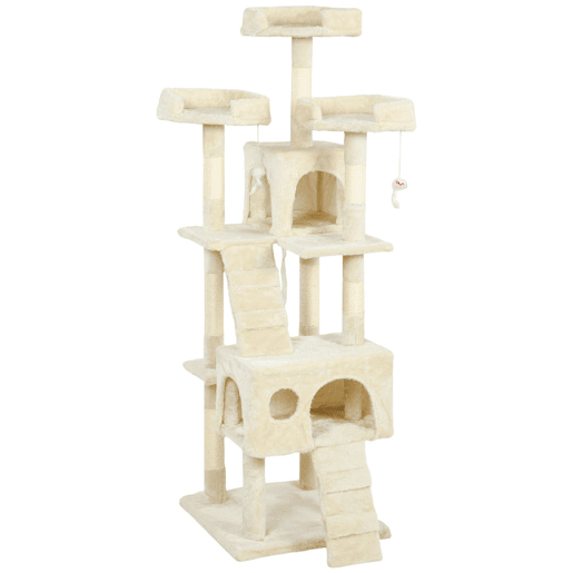 PawHut Arranhador para Gatos Arranhador de Gatos 153 cm com 2 Cavernas 3 Camas 2 Rampas Postes de Sisal e 2 Ratos Pendentes Bege