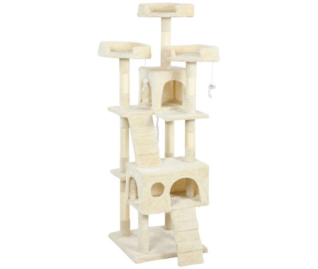 Pawhut árbol rascador para gatos, árbol para gatos 153 cm, torre escalador con 2 cuevas, 3 camas, 2 rampas, postes de sisal, 2 ratones colgantes,