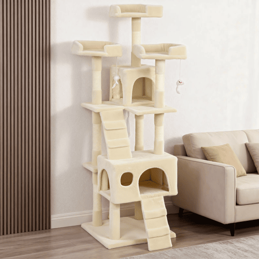 PawHut Arranhador para Gatos Arranhador de Gatos 153 cm com 2 Cavernas 3 Camas 2 Rampas Postes de Sisal e 2 Ratos Pendentes Bege