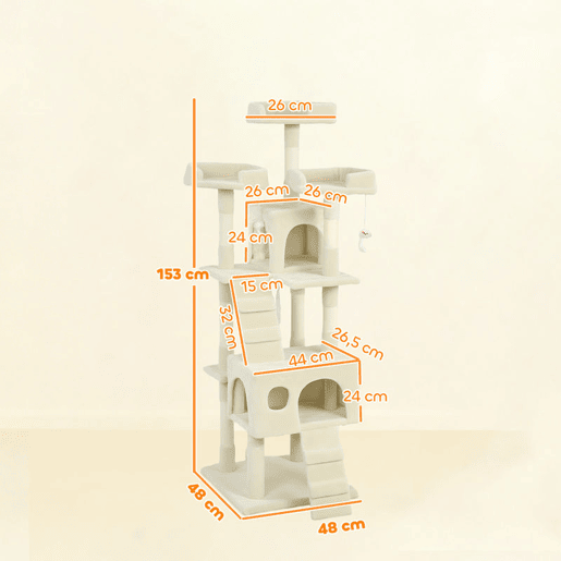 PawHut Arranhador para Gatos Arranhador de Gatos 153 cm com 2 Cavernas 3 Camas 2 Rampas Postes de Sisal e 2 Ratos Pendentes Bege