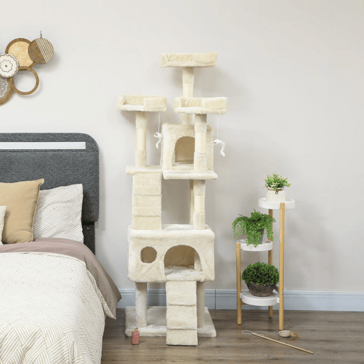 PawHut Arranhador para Gatos Arranhador de Gatos 153 cm com 2 Cavernas 3 Camas 2 Rampas Postes de Sisal e 2 Ratos Pendentes Bege