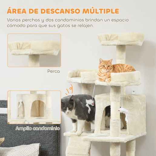 PawHut Arranhador para Gatos Arranhador de Gatos 153 cm com 2 Cavernas 3 Camas 2 Rampas Postes de Sisal e 2 Ratos Pendentes Bege