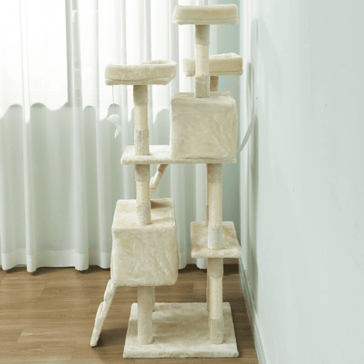 PawHut Arranhador para Gatos Arranhador de Gatos 153 cm com 2 Cavernas 3 Camas 2 Rampas Postes de Sisal e 2 Ratos Pendentes Bege
