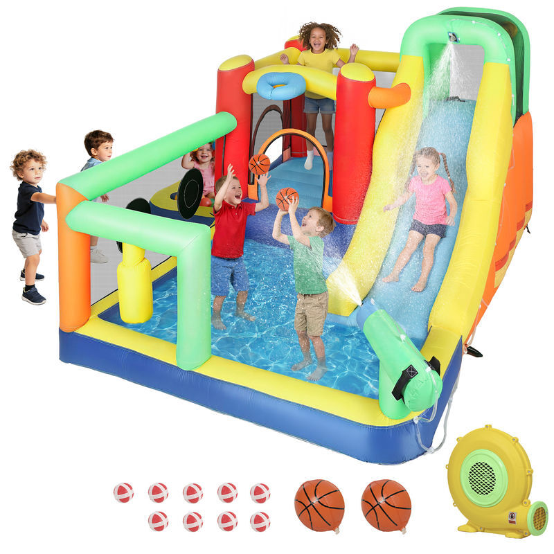 Aiyaplay castillo hinchable acuático con soplador 550w 9 en 1 castillo hinchable niños con tobogán zona de salto escalada 2 piscinas canasta columna de boxeo dardos exterior interior 330x290x185 cm