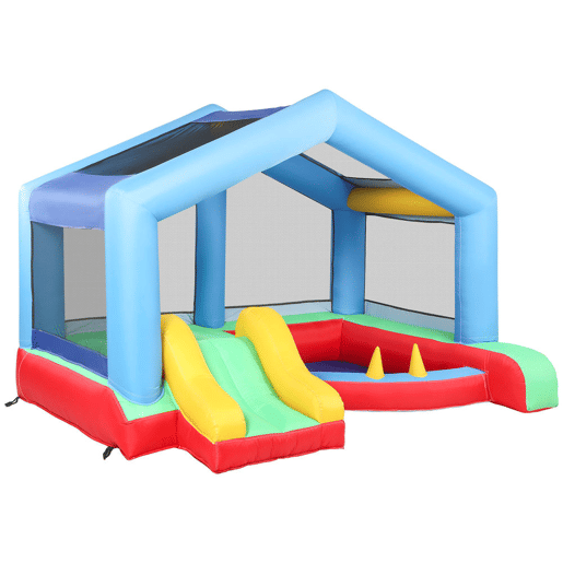 AIYAPLAY Castelo Insuflável para Crianças com Ventoinha Castelo Insuflável com Escorrega Cama Elástica Piscina de Bolinhas Jogo de Aros Toldo e Bolsa de Transporte Interior e Exterior 290x230x200u202Fcm Multicor