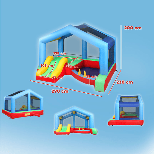 AIYAPLAY Castelo Insuflável para Crianças com Ventoinha Castelo Insuflável com Escorrega Cama Elástica Piscina de Bolinhas Jogo de Aros Toldo e Bolsa de Transporte Interior e Exterior 290x230x200u202Fcm Multicor