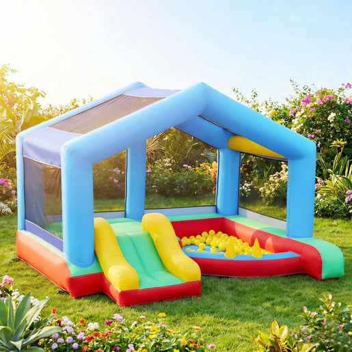 AIYAPLAY Castelo Insuflável para Crianças com Ventoinha Castelo Insuflável com Escorrega Cama Elástica Piscina de Bolinhas Jogo de Aros Toldo e Bolsa de Transporte Interior e Exterior 290x230x200u202Fcm Multicor