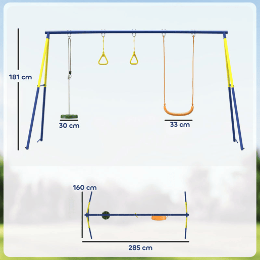 AIYAPLAY Baloiço Infantil 3 em 1 Baloiço com Argolas de Ginástica Suporta até 150 kg para Interior e Exterior Crianças dos 3 aos 8 Anos 285x160x181 cm Multicolor