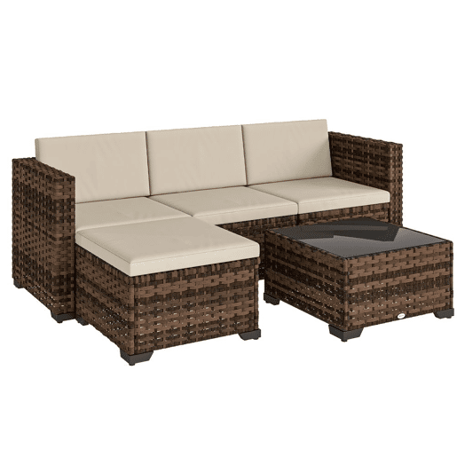 Outsunny Conjunto de Jardim em Vime de 5 Peças Conjunto para Terraço Resistente Móveis de Jardim Exterior Inclui Almofadas 2 Poltronas de Canto Poltrona sem Braços Apoia-Pés e Mesa de Centro Cáqui