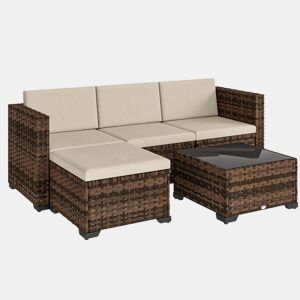 Outsunny Conjunto de Jardim em Vime de 5 Peças Conjunto para Terraço Resistente Móveis de Jardim Exterior Inclui Almofadas 2 Poltronas de Canto Poltrona sem Braços Apoia-Pés e Mesa de Centro Cáqui