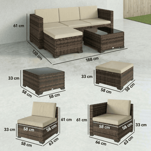 Outsunny Conjunto de Jardim em Vime de 5 Peças Conjunto para Terraço Resistente Móveis de Jardim Exterior Inclui Almofadas 2 Poltronas de Canto Poltrona sem Braços Apoia-Pés e Mesa de Centro Cáqui