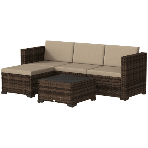 Outsunny Conjunto de Jardim em Vime de 5 Peças Conjunto para Terraço Resistente Móveis de Jardim Exterior Inclui Almofadas 2 Poltronas de Canto Poltrona sem Braços Apoia-Pés e Mesa de Centro Cáqui