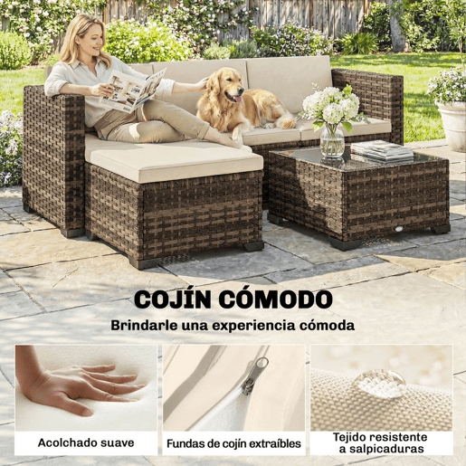 Outsunny Conjunto de Jardim em Vime de 5 Peças Conjunto para Terraço Resistente Móveis de Jardim Exterior Inclui Almofadas 2 Poltronas de Canto Poltrona sem Braços Apoia-Pés e Mesa de Centro Cáqui