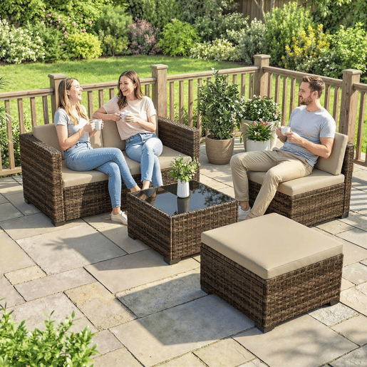 Outsunny Conjunto de Jardim em Vime de 5 Peças Conjunto para Terraço Resistente Móveis de Jardim Exterior Inclui Almofadas 2 Poltronas de Canto Poltrona sem Braços Apoia-Pés e Mesa de Centro Cáqui