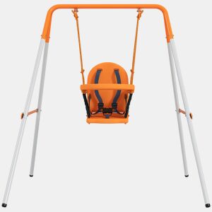 Outsunny Baloiço Infantil de Aço para Crianças dos 6 aos 36 Meses com Encosto Alto e Arnês de Segurança Interior e Exterior Carga Máxima de 25 kg, 122x146x122 cm Laranja