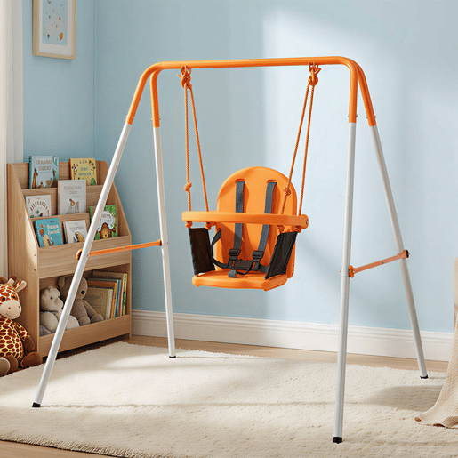 Outsunny Baloiço Infantil de Aço para Crianças dos 6 aos 36 Meses com Encosto Alto e Arnês de Segurança Interior e Exterior Carga Máxima de 25 kg, 122x146x122 cm Laranja