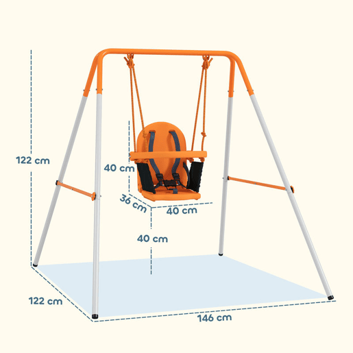 Outsunny Baloiço Infantil de Aço para Crianças dos 6 aos 36 Meses com Encosto Alto e Arnês de Segurança Interior e Exterior Carga Máxima de 25 kg, 122x146x122 cm Laranja