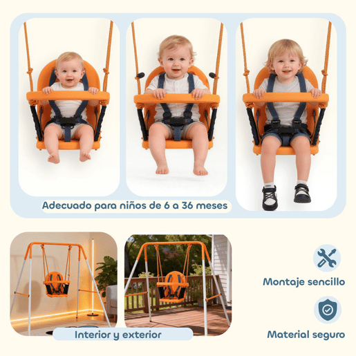 Outsunny Baloiço Infantil de Aço para Crianças dos 6 aos 36 Meses com Encosto Alto e Arnês de Segurança Interior e Exterior Carga Máxima de 25 kg, 122x146x122 cm Laranja