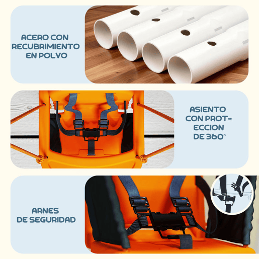 Outsunny Baloiço Infantil de Aço para Crianças dos 6 aos 36 Meses com Encosto Alto e Arnês de Segurança Interior e Exterior Carga Máxima de 25 kg, 122x146x122 cm Laranja