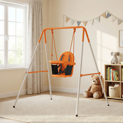Outsunny Baloiço Infantil de Aço para Crianças dos 6 aos 36 Meses com Encosto Alto e Arnês de Segurança Interior e Exterior Carga Máxima de 25 kg, 122x146x122 cm Laranja