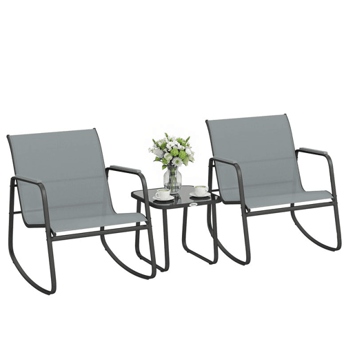 Outsunny Conjunto de Mesa e Cadeiras de Terraço Exterior de 3 Peças, Móveis de Jardim com 2 Cadeiras de Balanço Mesa com Tampo de Vidro e Estrutura de Aço para Varanda ou Pátio Cinza