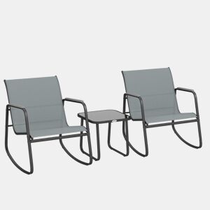 Outsunny Conjunto de Mesa e Cadeiras de Terraço Exterior de 3 Peças, Móveis de Jardim com 2 Cadeiras de Balanço Mesa com Tampo de Vidro e Estrutura de Aço para Varanda ou Pátio Cinza